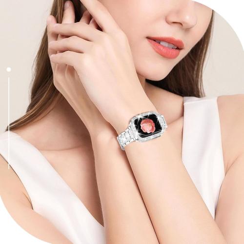 Bling Watch Bands with Bling Case for Women Compatible with Apple Watch Band 40mm Elegant Dressy Jewelry Replacement Metal Link Wristband Protector Cover for iWatch Series 7/8/9 SE Silver