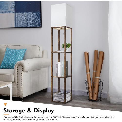 RUNTOP Floor Lamp with Shelves, Modern Shelf Lamp for Display Storage, 3 Color Temperature Wood Narrow Standing Corner Lamp with 8W Bulb for Living Room Decor, Bedroom, Office, Home Decor(Brown)