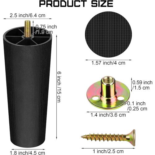 TURSTIN 16 Pack 6 Inch Plastic Furniture Legs with M8 T-Nuts Screws Tapered Sofa Couch and Chair Legs Replacement Furniture Legs for DIY Projects Sofas Coffee Tables Dressers Beds