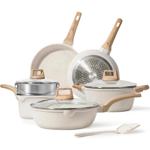 CAROTE Pots and Pans Set Nonstick, White Granite Induction Kitchen Cookware Set, 10 Pcs Non Stick Cooking Set w/Frying Pans & Saucepans(PFOS, PFOA Free)