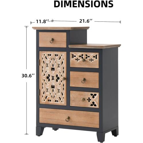 Farmhouse Accent Chest with Carved Door and 5-Drawers, Vintage Storage Cabinet Modern Dresser for Living Room, Entryway, Hallway, Multi-Drawer Organizer, Natural and Deep Blue. ( Damage see the pictures)
