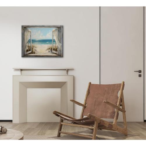 Window View Coastal Canvas Wall Art Vintage Country Ocean Seascape Painting Picture Wall Decor Rustic Nature Beach Scene Poster Print Artwork for Living Room Bathroom Bedroom Home Decoration FRAMED