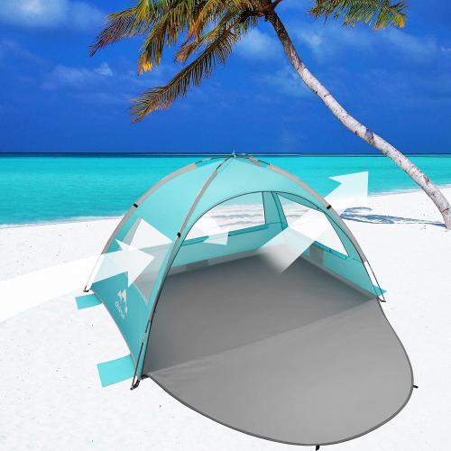 Oileus Beach Tent 2-3 Person Portable Sun Shade Shelter UV Protection, Extended Floor Ventilating Mesh Roll Up Windows Carrying Bag Stakes 6 Sand Pockets Fishing Hiking Camping, Sky Blue