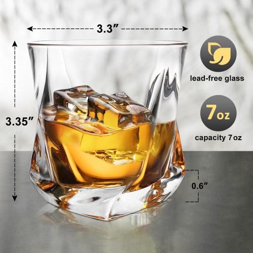 Whiskey Glasses, 7 oz Bourbon Glasses Set of 4 Square Bottom, Old Fashioned Glass for Drinking Cocktail Scotch Cognac, Luxury Whiskey gift for Men,Festival Gift