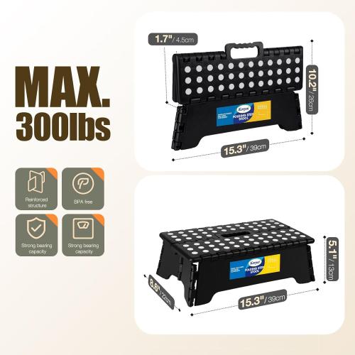 Korpai 5 Folding Step Stool for Adults and Kids 15-Inch Extra Wide Stool Holds Up to 300 lbs,Non-Slip Folding Stools with Handle,Compact Plastic Foldable Step Stool for Bathroom,Kitchen,ect