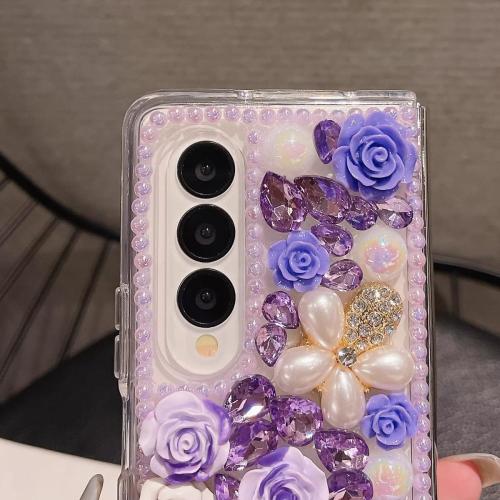 for Samsung Galaxy Z Fold 6 Case,Cute Bling Glitter Sparkle Stunning Stones Diamond Rhinestone 3D Handmade Pearl Rose Flower with Wrist Lanyard Women Girly for Galaxy Z Fold 6 (Purple)