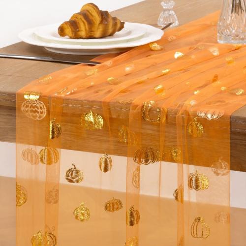 Pumpkin Gold Table Runner for Thanksgiving 3 Pack Sheer Gauze Cheesecloth 120 Inch with Glitter Harvest Feast Decor for Family Gatherings Dining Table Home Celebration - Orange