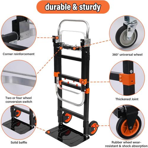 BLACK Upgraded 3 in 1 Folding Hand Truck, 600lbs Capacity, Heavy Duty Convertible Dolly with Retractable Handle and 4 Rubber Wheels, Collapsible Cart for Moving Home, Office, Warehouse（Orange）