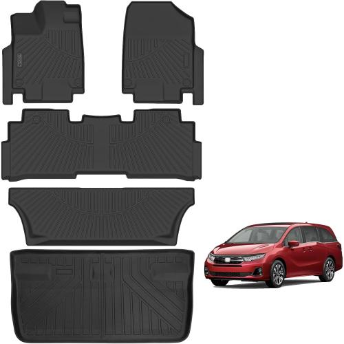 Floor Mats & Trunk Mat for 2018-2024 2025 Honda Odyssey 7 Seats TPE All Weather Protection 3 Rows Full Set Car Floor Liners with Cargo Liners for Honda Odyssey-Black