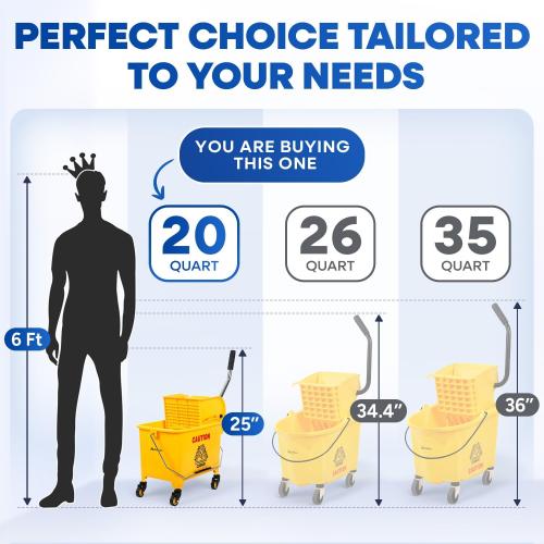 Mop Bucket with Wringer on Wheels Small 5 Gallon, Heavy Duty Dual Chamber Industrial Mop Bucket Separate Dirty Water, Perfect for Business Household, 20 Quart Yellow