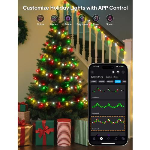 Ollny Smart Color Changing String Lights, 66FT 200 LEDs APP Control RGB Christmas Tree Lights with Remote, Programmable DIY Musical Waterproof Decor Light with Timer for House Indoor Outdoor