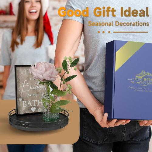 10 Oak Bathroom Vanity Tray Turntable for Perfume Candle, Round Wooden Decorative Tray for Kitchen Sink Countertop Organizer, Bathroom Counter Organizer for Skincare Makeup, Farmhouse Black Gold