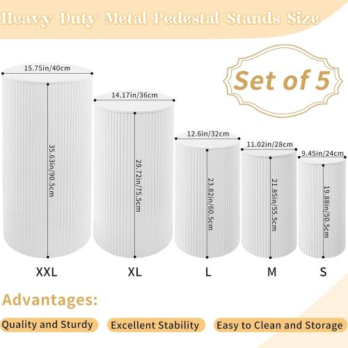 Fivenl 5 Pcs Metal Pleated Cylinder Pedestal Stands for Party, Heavy Duty White Round Cake Pedestal Stand Flower Plant Display Plinth Pillars for Wedding Birthday Event Decor