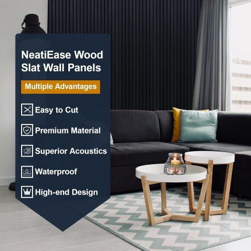 NeatiEase Wood Slat Wall Panels, 4-Piece 96 x 12.6, Soundproof & Noise Cancelling, Acoustic Wall Panels (Black)