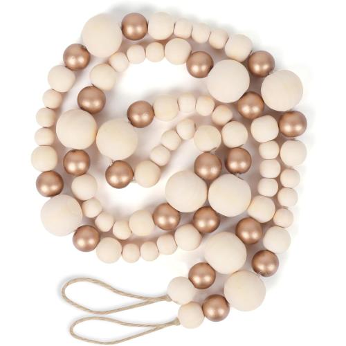 Christmas Wooden Bead Garland Xmas Wooden Tree Beads Rustic Decorative Christmas Tree Farmhouse Decor for Mantle Fireplace Staircase (Natural & Gold)
