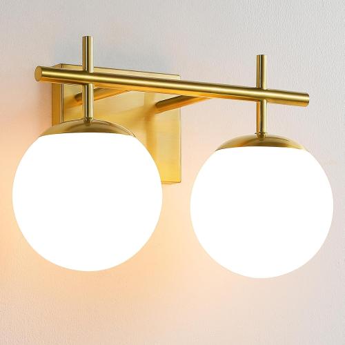 Gold Vanity Light, 2-Light Bathroom Lighting Fixtures Over Mirror Milky White Glass Globe Shades, Modern Vanity Lighting Fixtures Wall Sconce 14 Inch (Exclude E26 Bulb)