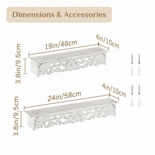White Floating Shelves for Wall 24inch & 19inch Long - French Country Wall Decor Wood Distressed Mounted Shelf Vintage Hanging Shelving for Bathroom Bedroom 2 pcs