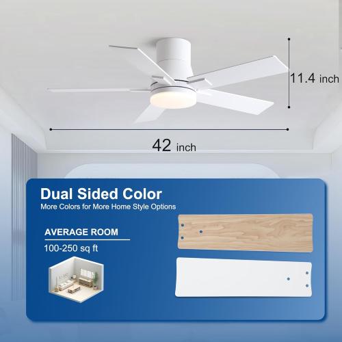 42 Inch Ceiling Fans with Lights and Remote,Flush Mount White Ceiling Fan with 5 Blades,6 Speed Reversible DC Motor,3CCT Dimmable LED-Low Profile Design for Bedroom, Living room & Covered Outdoor