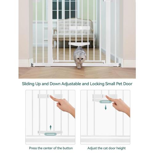 BABELIO 29-48 Extra Wide Baby Gate with Cat Door,Auto Close Metal Pet Door for Stairs, Doorways, House, Pressure/Hardware Mounted, Easy Walk Thru, White