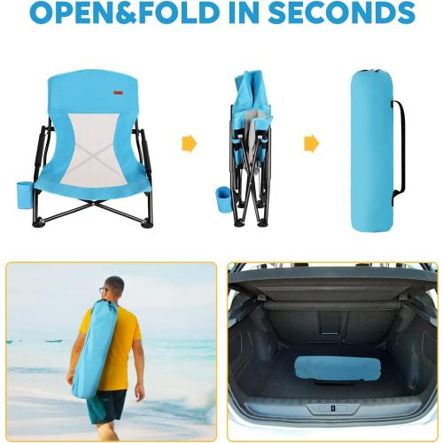 TOBTOS Low Beach Chair for Adults 2 Pack, Low Profile Folding with Cup Holder & Carry Bag, Heavy Duty Chair for Outdoor Sand, Camping, Concert, Travel
