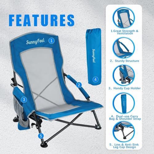SUNNYFEEL Low Folding Beach Chair for Adults, Portable Lightweight Sling Beach Camping Chairs with Cup Holder, Armrest,Foldable Camp Lawn Chair for Outdoor Sand Concert Travel Sport Events,300LBS