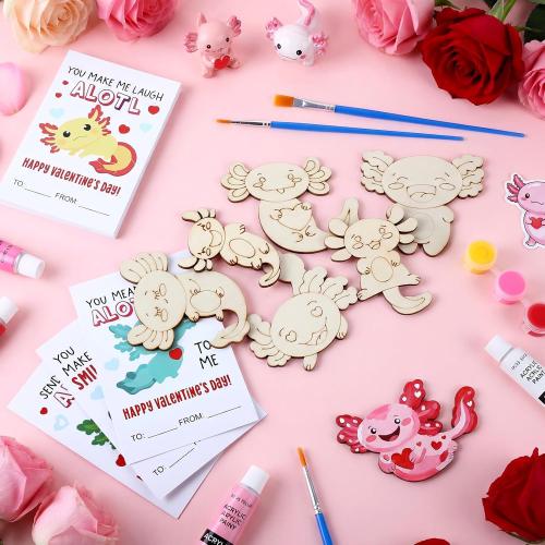Leinuosen 28 Sets Valentine's Day Axolotl Party Favors Wood Painting Craft Kits with DIY Art Supplies and Cards for Birthday Party Goodie Bag Fillers Prizes Exchange