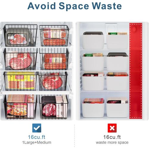 iSPECLE Freezer Organizer Bins - 6 Pack Stand Up Freezer Organizers for 16 Cu.Ft Upright Freezer, Storage Baskets for Meat & Veggies, Prevents Items Falling, Slide-Out Access, 3 Large 3 Medium, Black