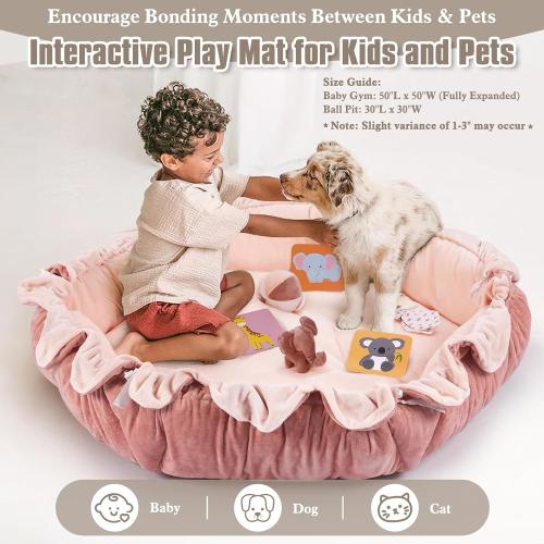 5-in-1 Plush Baby Play Gym, Activity Mat with Convertible Gym, Baby Gym 6 Sensory Toys, Play Center for Newborn to Toddler, Pink