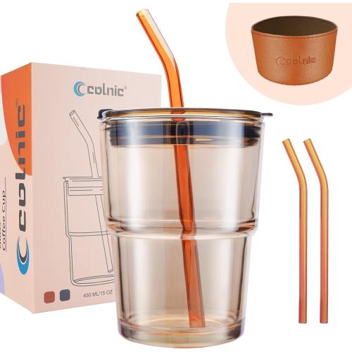 Iced Coffee Cup, 15 oz Glass Cups With Lids And Straws, Iced Coffee Glasses Tumbler, Thick Wall Mug For Tea Water With 2 Straw And Leather Sleeve, Glass Tumbler Gifts