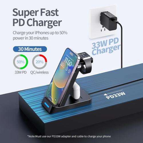 TYCRALI 3 in 1 Charging Station for iPhone - 33W Fast Charging Station for Apple Devices, Charging Dock for iPhone 14/13/12/11, Apple Watch and AirPods (33W USB-C Charger Included)