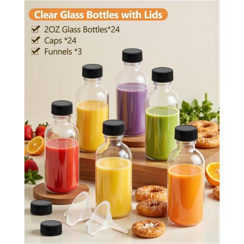 2OZ Small Glass Bottles with Lids and Funnels, 60ml Boston Round Glass Bottles, Mini Bottle, Perfect for Diy Essential Oils, Perfumes, Whiskey and Juices, 24 Pack Clear