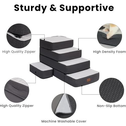 5-Step Adjustable Dog Stairs for High Beds, Dog Steps for Small Dogs and Cats, Foldable Pet Stairs for Bed Climbing, Non-Slip Pet Step Indoor, Grey