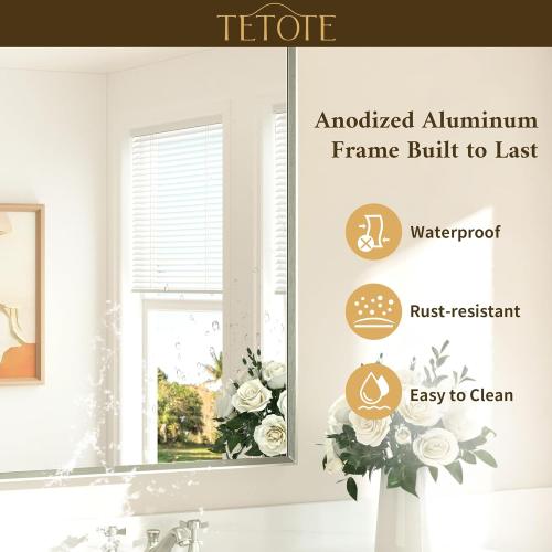 TETOTE Bathroom Mirror for Over Sink Brushed Nickel Beveled Frame 42 x 36 Rectangle Bathroom Vanity Wall Mirror, Tempered Glass, Stronger Frame, Modern Farmhouse Bedroom, Entryway, Living Room