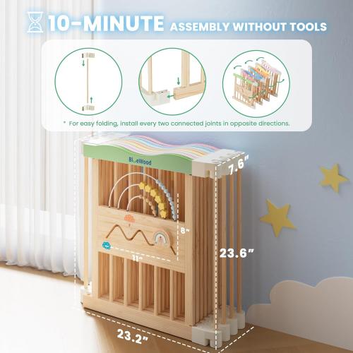 Foldable Wooden Baby Playpen, 45 x 45 x 24 inches, Pastel Dream, Colorful | Adjustable Wood Play Yard, Indoor Large Safety Fence for Babies and Toddlers, Built-in Toys Design