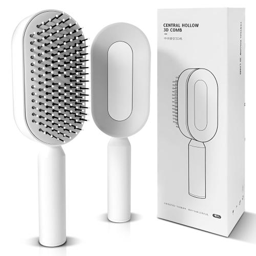 White Self-Cleaning Hair Brush, 3D Air Cushion Design, Detangling Paddle Brush with Holder, All Hair Type (WHITE)