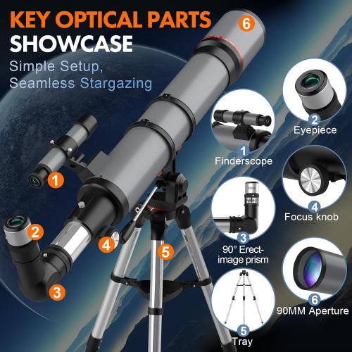 Aurosports Telescope for Adults High Powered - 90mm Aperture 800mm Portable Refractor Telescope for Adults Astronomy Beginners & Kids with Tripod Phone Adapter Carrying Bag