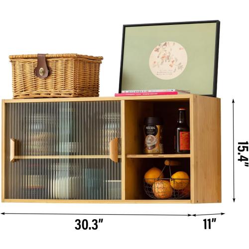Tiita Small Kitchen Pantry Cabinet, Bamboo Wall Sideboard with Glass Doors, Cupboard Food Pantry Cabinet for Kitchen, Living Room and Dinning Bedroom