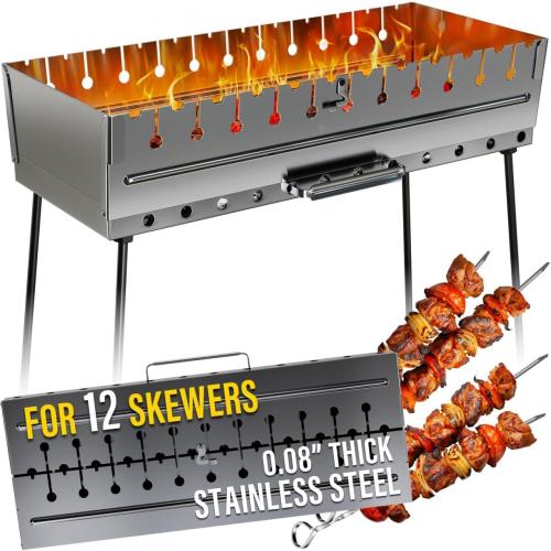 Stainless Steel Charcoal Grill for 12 Skewers – Portable BBQ 24.80×9.45×25.2 – Foldable Kabob Mangal – Heavy-Duty Rustproof Grill for Outdoor (Skewers Not Included)