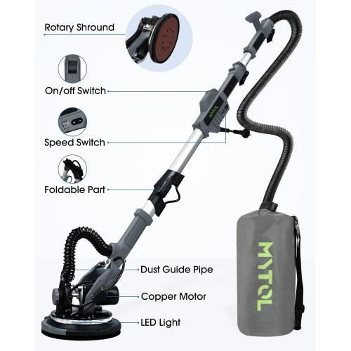Size 4.8FT to 5.6FT Drywall Sander, MYTOL 7.2A Electric Wall Sander with Vacuum Dust Collection, 6 Adjustable Speeds 900-1800RPM, LED Light, Extendable Handle, Foldable Electric Drywall Sanders 12Pcs Sanding discs-Grey