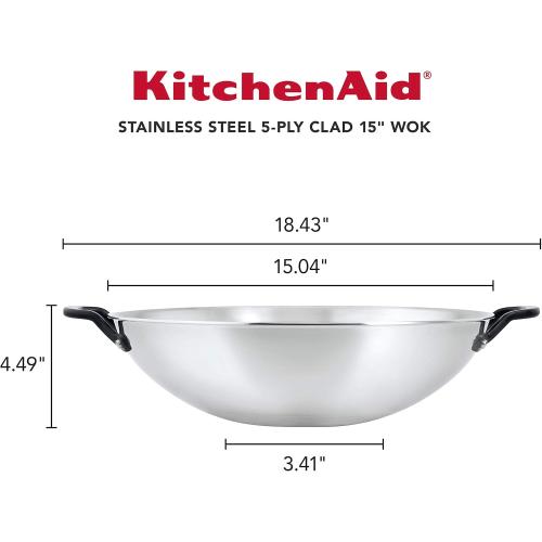 KitchenAid 5-Ply Clad Polished Stainless Steel Wok, Induction Compatible, Dishwasher Safe, 15 Inch Open Stir-Fry Pan
