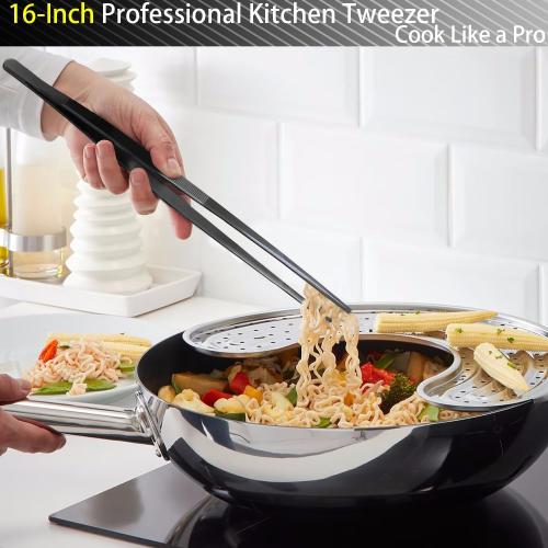 JETKONG 2 Pcs 16-Inch Kitchen Tweezers Tongs with Precision Serrated Tips, Stainless Steel Chef Tweezer Professional Cooking Tweezers for BBQ, Plating and Serving (16-Inch, Black)