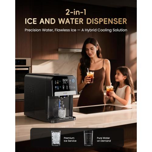 ecozy Nugget Ice Maker Dispenser, Smart 2-in-1 Pebble Ice Machine Countertop & Water Dispenser with App Control, Self-Cleaning, Auto Lighting, TDS Monitor, Measured Dispensing, 33Lbs/Day