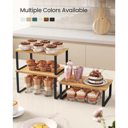 SONGMICS Cabinet Organizer Shelf, Set of 3 Kitchen Counter Shelves, Kitchen Storage, Spice Rack, Stackable, Expandable, Ink Black and Natural Beige UKCS014YL03