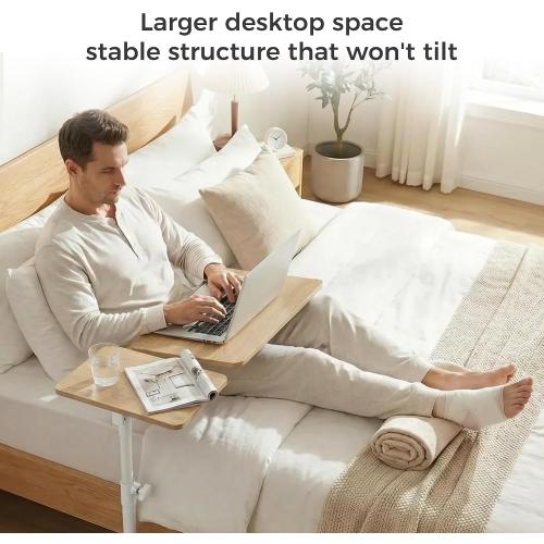 YUHFERA Rolling Table for Laptop Stand, Height and Angle Adjustable Over Bed Table with Wheels, Tilt-Top Laptop Desk for Couch with Cup Holder, Bed Table Tray for Eating (Oak)