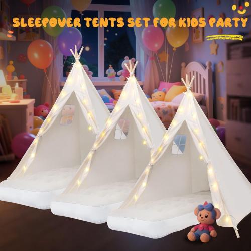 White 4 Pack Teepee Tent for Kids [Thickened] with Light String and Inflatable Airbed, Slumber Party Tents, Sleepover Tents Party for Girls Boys Indoor Outdoor (White)