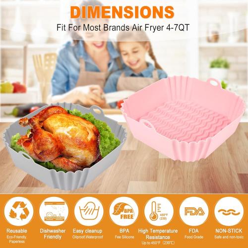 2 PCS Square Silicone Air Fryer Liners - 8 Inch Air Fryer Reusable Liners - Kitchen Accessories - AirFryer Inserts for 4 to 7 QT Oven Microwave Accessories (Grey   Pink)