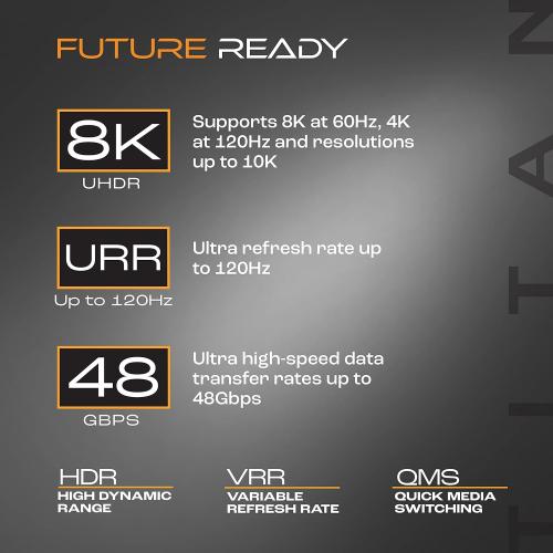 TITAN 8K HDMI 2.1 Cable, 10 ft Braided Cord, Amber LED Light Strip, Ultra High-Speed Cable with HDR, VRR & QMS, 48 GBPS, Black, 59063