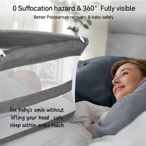 Cowiewie Bassinet Bedside Sleeper,Baby Bassinet Slides Over Bed,5-Height Adjustment & Breathable All-Mesh Wall Bedside Bassinet for Baby,Space-Saving Bedside Crib, Height(37.4-41.3), Dark Grey
