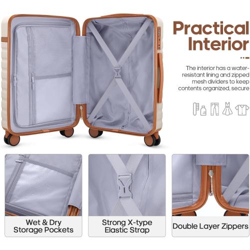 UKEIN Luggage Sets 3 Piece, Carry On Luggage 20In With Spinner Wheels,PC Hardside Suitcase Set with TSA Lock,Durable Carry On Suitcase With Travel Backpack for Men (Beige, 3 piece set (20inch))
