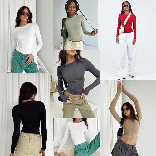 Size S SABLIER Women's Long Sleeve Shirts Spring 2025 Casual Basic Going Out Crop Tops Slim Fit Tight Y2K Clothes